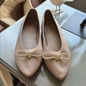Skechers Women's Light Taupe Pointed-Toe Ballet Flats with Bow Accent